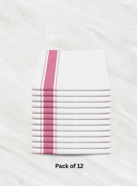 Soft Linen Wiping Cloth, White with Pink stripe (50x70 cm) | Pack of 12