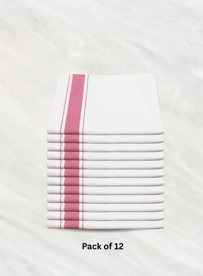 Soft Linen Wiping Cloth, White with Pink stripe (50x70 cm) | Pack of 12