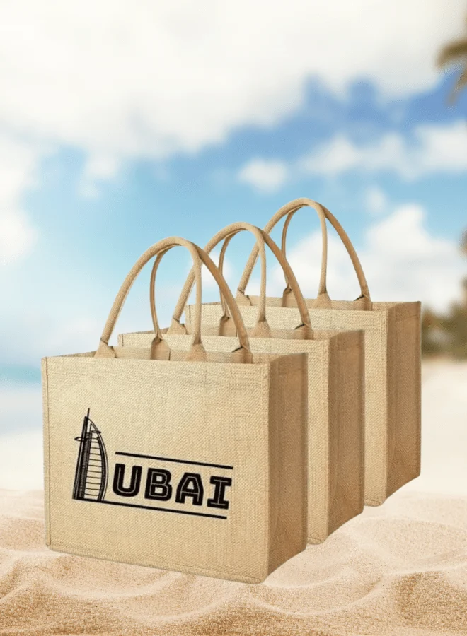 Dubai Souvenir Jute Bag – EcoChic Tote Bags | Pack of 3 | Durable, Stylish & Reusable