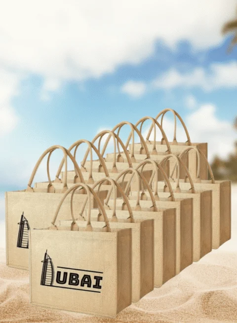 Dubai Souvenir Jute Bag – EcoChic Tote Bags | Pack of 12 | Durable, Stylish & Reusable