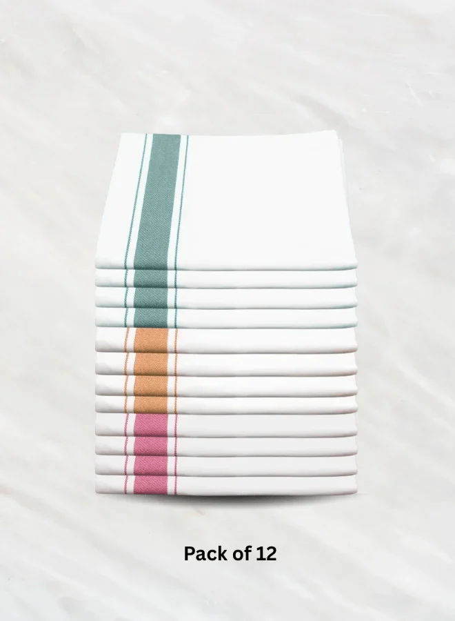 Soft Linen Wiping Cloth, White with Pink, Yellow and Green stripe (50x70 cm) | Pack of 12